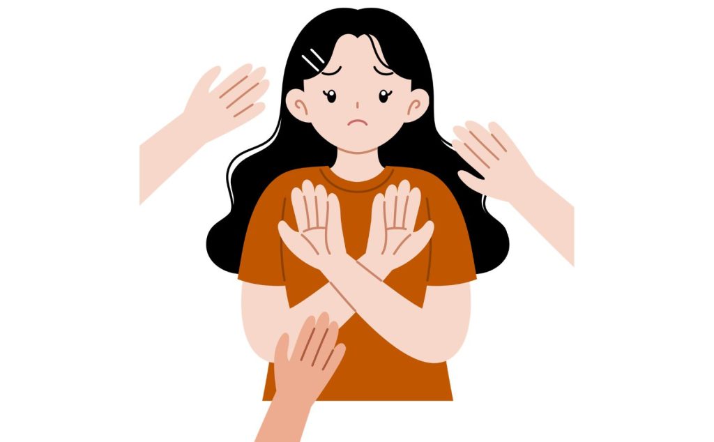 graphic of unhappy female waving away unwanted male hands sexual harassment awareness course